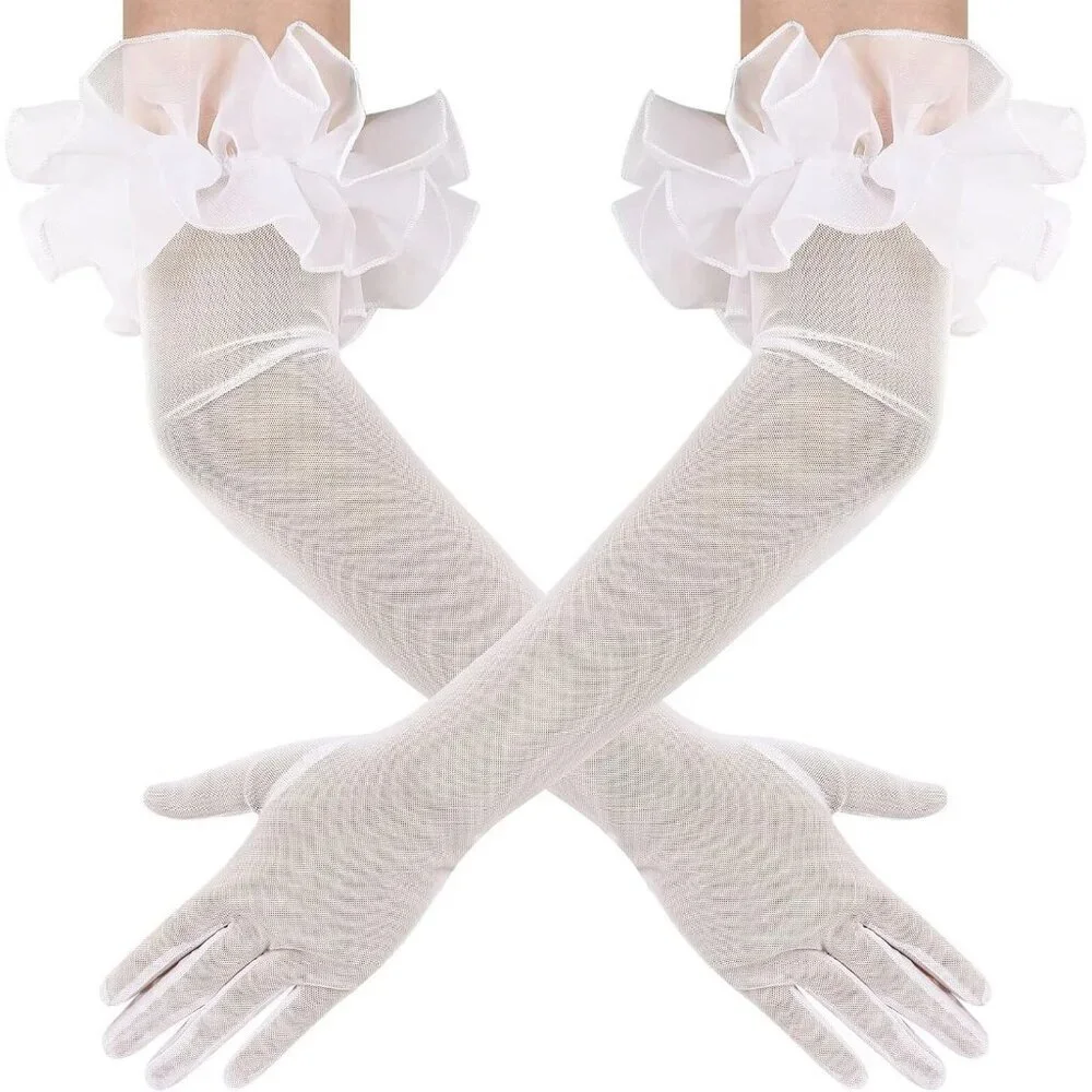 Women's Long Ivory Ruffle Puff Cuff Sleeve Mesh Gloves Wedding Party Costume